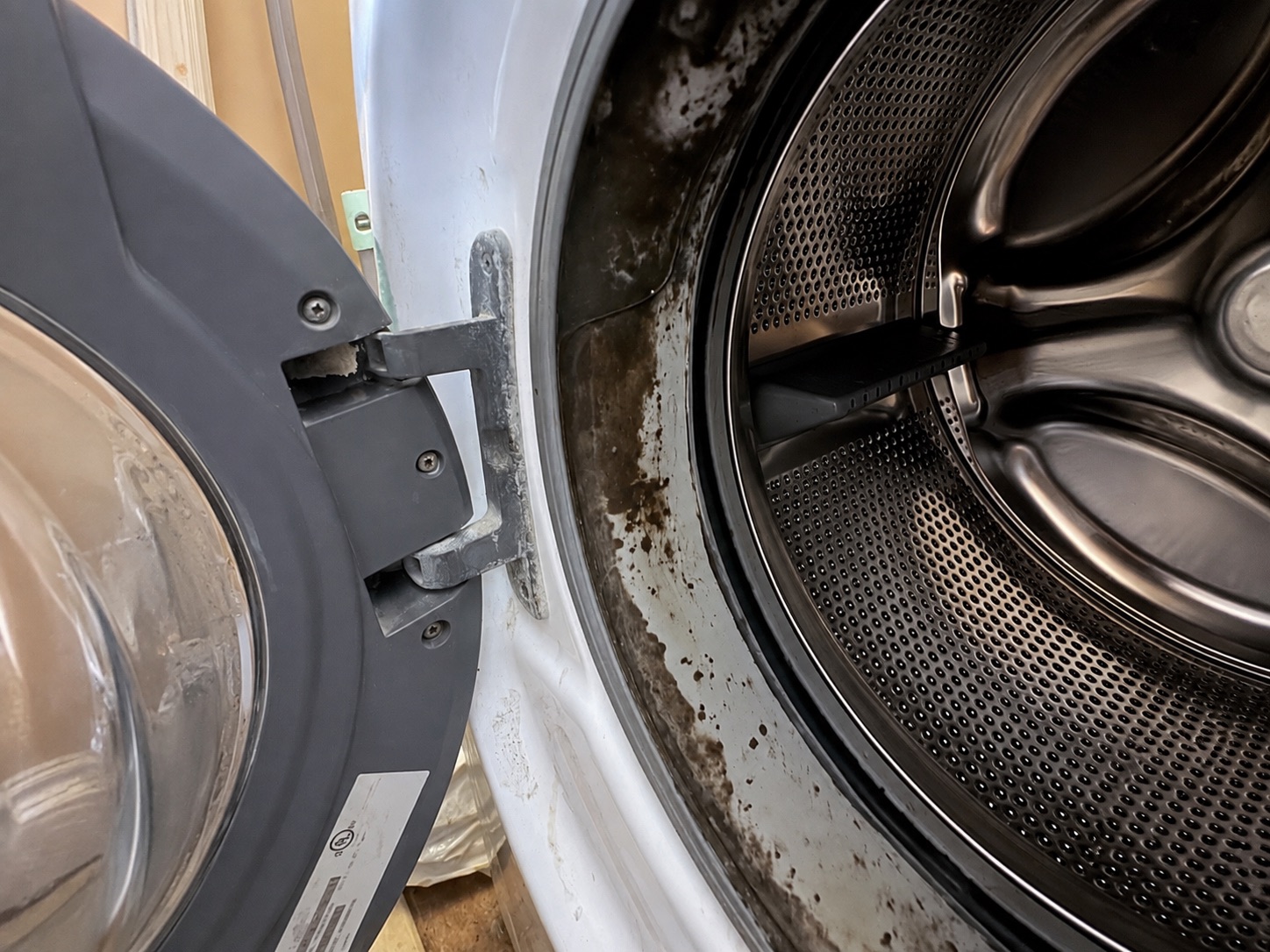 Heavy black mould in the fold of a front-load washer's door gasket
