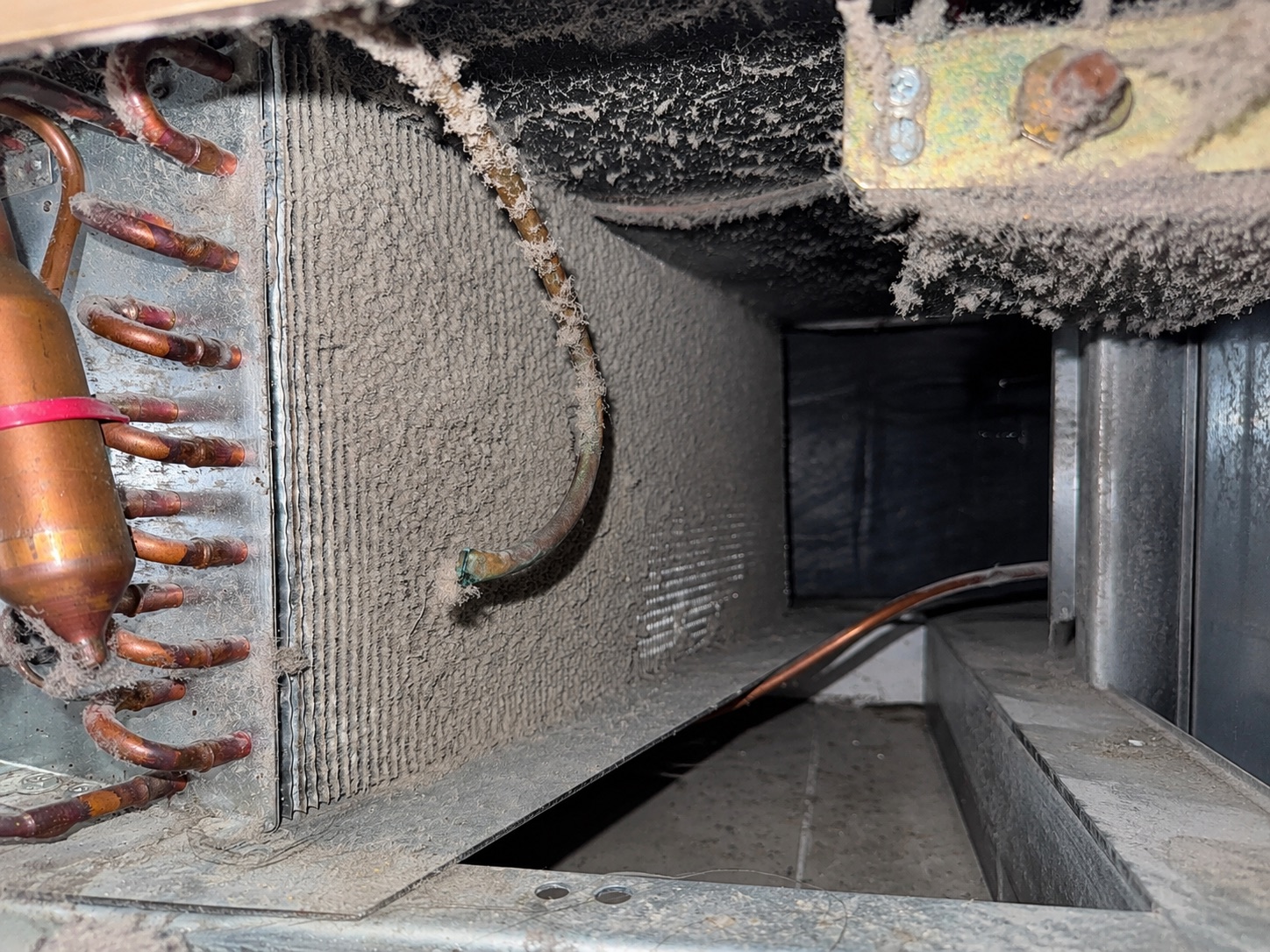 A condenser coil packed solid with dust and lint, unable to shed heat