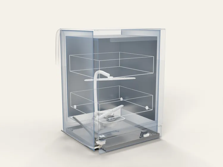 A typical built-in dishwasher drawn as if its cabinet were glass: the two racks and spray arms inside the tub, the filter in the tub floor, and under the tub the sump, the drain and circulation pumps, the water inlet valve and the base pan.