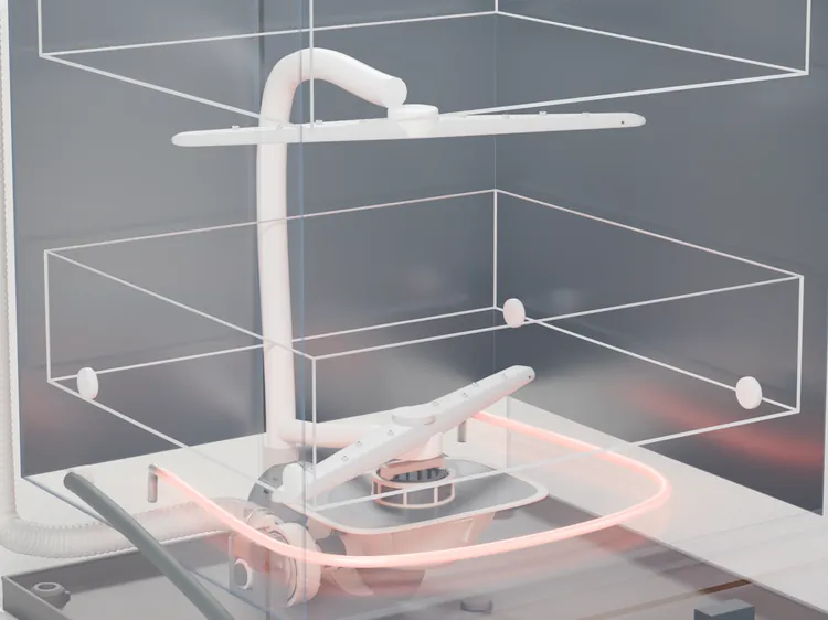 Inside the tub: the heating element in the tub floor, under the lower spray arm.