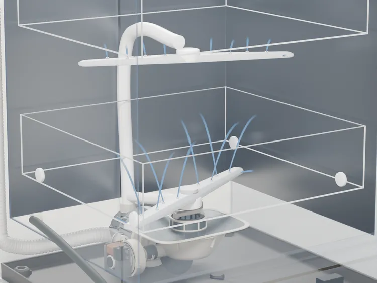 Inside the tub: the two spray arms with short, weak jets; under the tub floor the filter and the circulation pump.