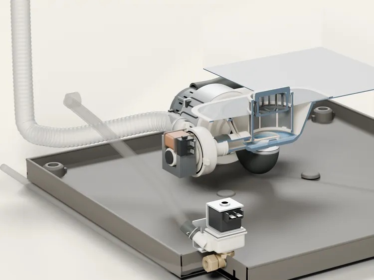 Under the tub: the circulation pump and the drain pump, and a toothpick lying in the sump past the filter.
