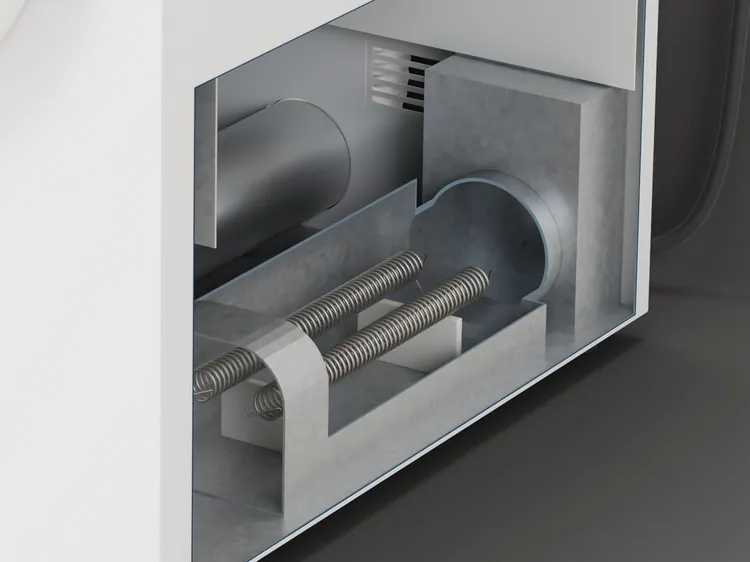 The heater at the back of the dryer, cut open: the element's coils cold, the air drawn blue all the way to the drum.