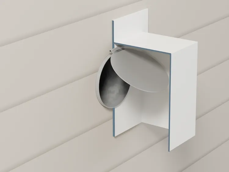 Outside the house: the dryer's vent hood on the wall, cut open: its damper, hanging from the top, barely lifted, the air coming out thin.