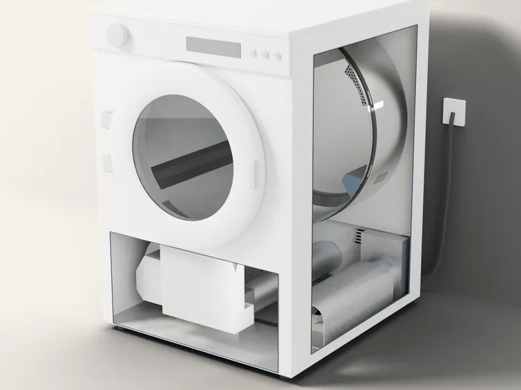 The dryer cut open at the side, its door shut: the drum standing still.