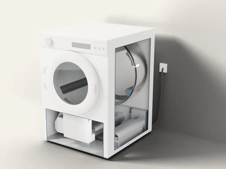 A typical electric dryer with part of its side and low front cut away: the drum, the heater at the back, the motor and the blower in its housing below, and the vent duct leaving the back of the machine.