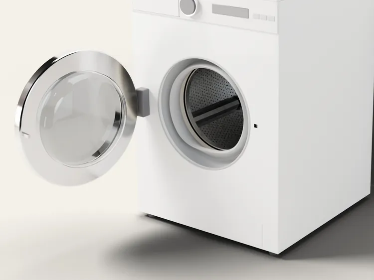The washer's door open and the bottom of the rubber door gasket pulled back: water standing in its fold.
