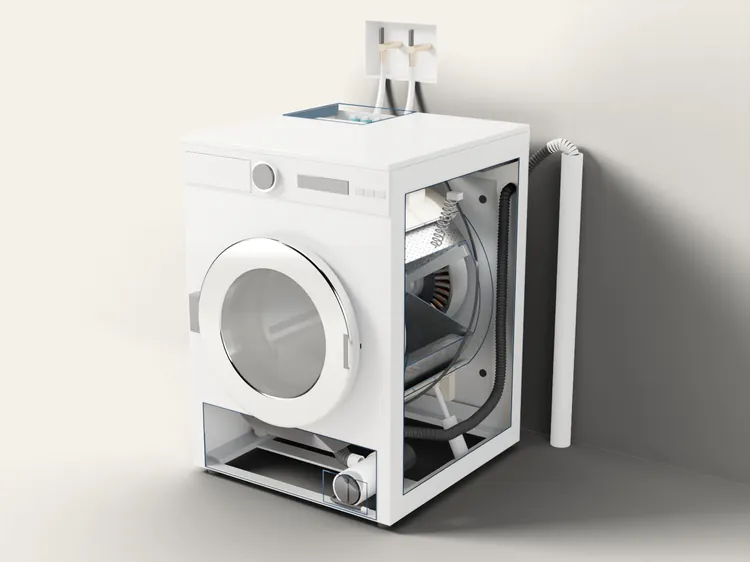 A typical front-load washer with part of its side, top and front cut away: the drum inside the outer tub, the drain pump and its filter at the bottom front, the inlet valves at the top back, and the taps and the standpipe on the wall behind.
